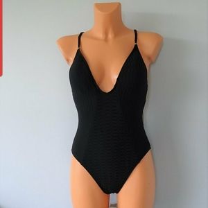 Black lace up back high cut one piece swimsuit M